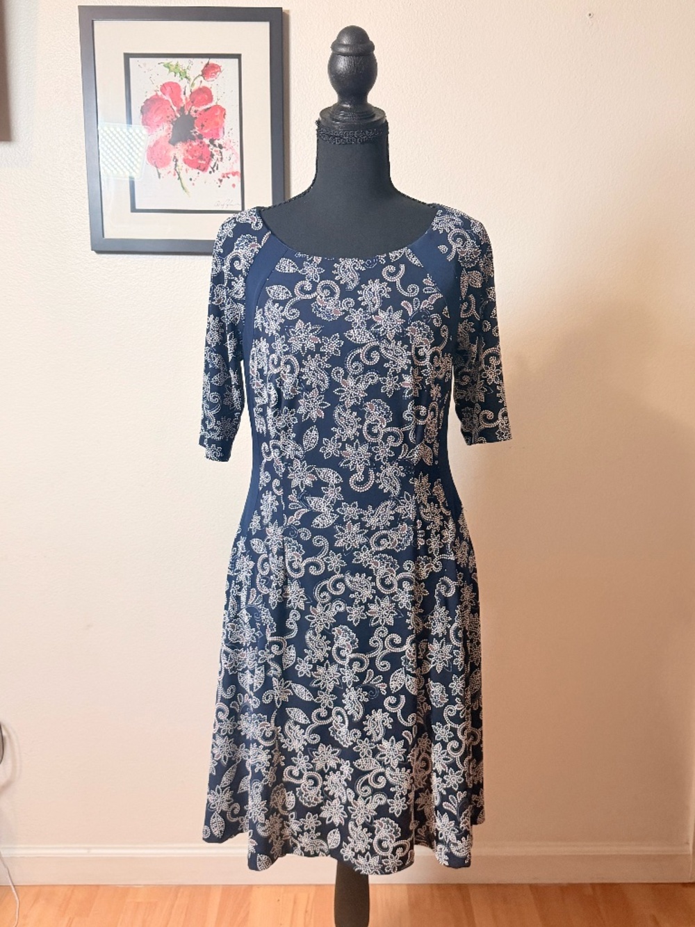 Navy Blue Floral Paisley Fit & Flare Dress | 3/4 Sleeve